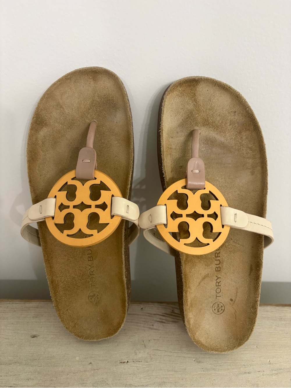Tory Burch Beige and Yellow Logo Thong Sandals